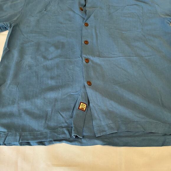 Seven Palm Brand Men’s Cobalt Blue 100% Silk Button Shirt US L Wood Button - Picture 3 of 10